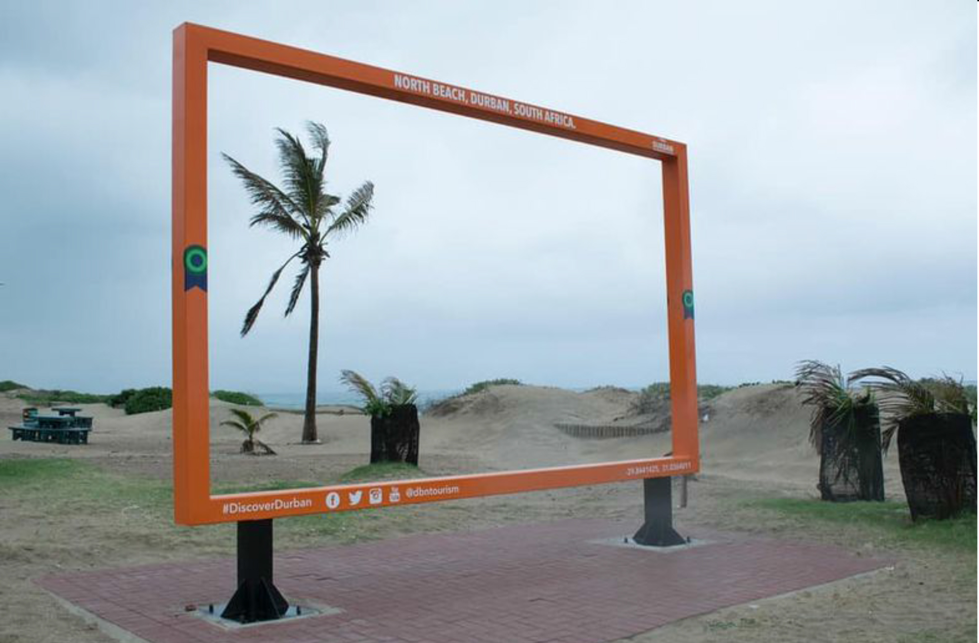 A windswept palm tree on an empty beach, against a cold blue sky, is captured within a large orange metal frame erected for tourists to stand on and pose for photos.